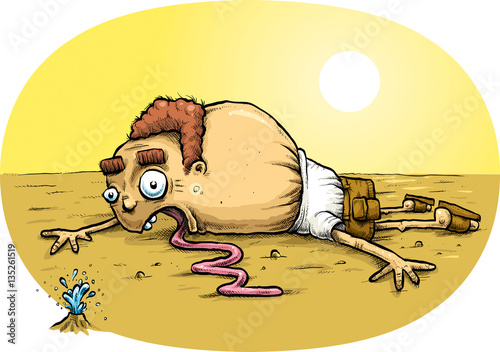 A very thirsty, cartoon man is lying on a dry, desert plain in the hot sun while a tiny spring of water spouts just in front of him.
