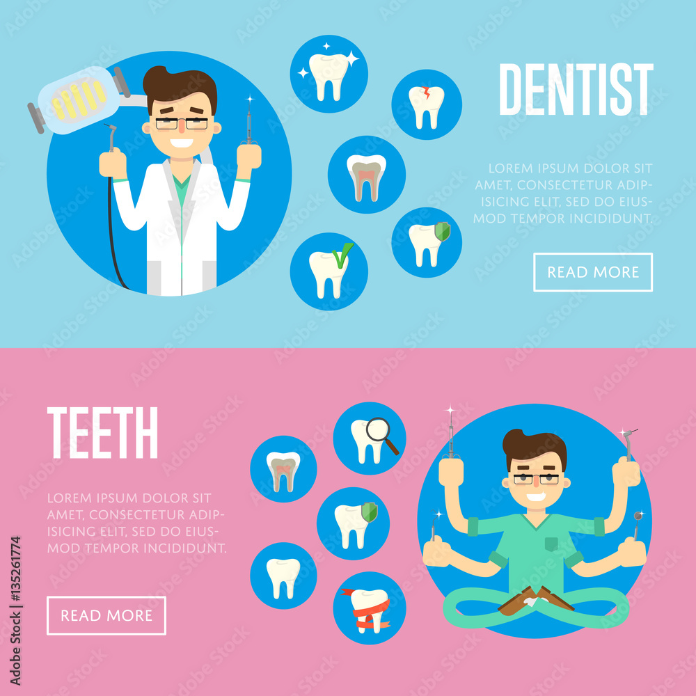 Male dentist in medical uniform with many hands holding instruments and sitting in lotus posture. Smiling dentist in white coat holding dental instruments. Dental office vector illustrations Male dentist in medical uniform with many hands holding instruments and sitting in lotus posture. Smiling dentist in white coat holding dental instruments. Dental office vector illustrations