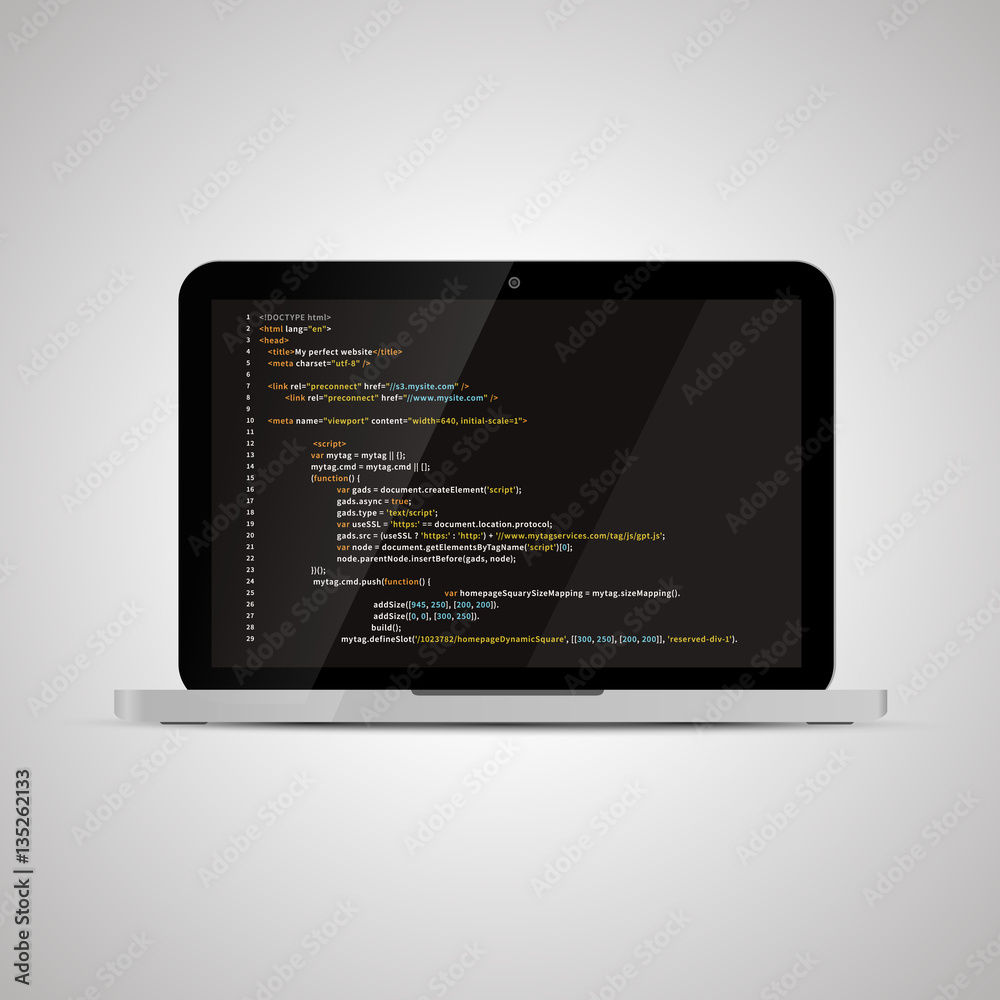 Realistic glossy laptop with simple website HTML code on dark