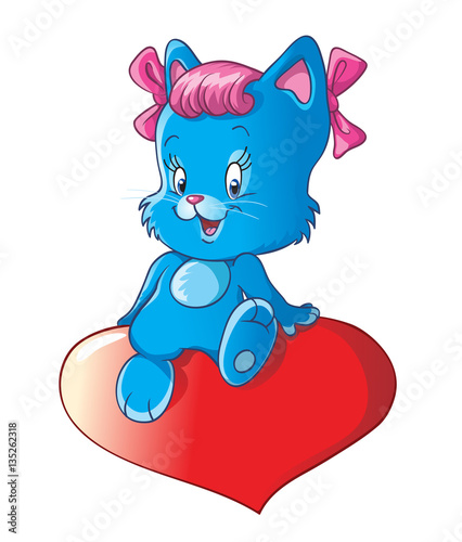 Cute little kitty with pink bows sittting on a heart. Isolated. Cartoon vector illustration for greeting and wedding cards and Valentine's Day