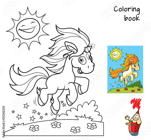 Cute little unicorn runs on the meadow. Coloring book. Cartoon vector illustration