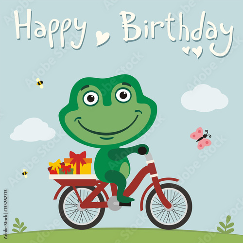 Happy birthday! Funny frog on bike with gifts. Birthday card with cute frog in cartoon style.