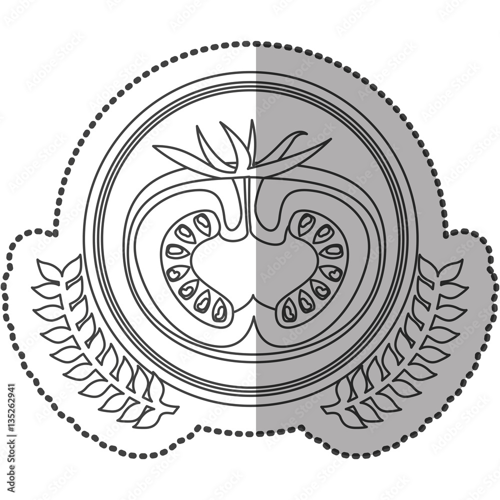 middle shadow sticker monochrome with olive crown with half tomato in circle vector illustration middle shadow sticker monochrome with olive crown with half tomato in circle vector illustration