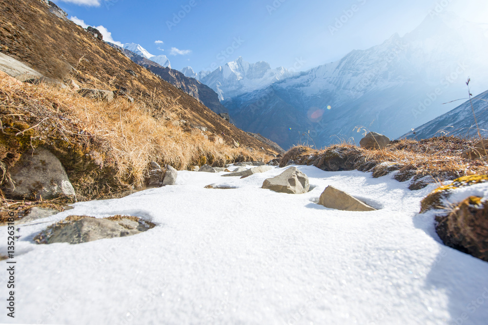 water in the river become to be ice on top of Annapurna base cam water in the river become to be ice on top of Annapurna base cam