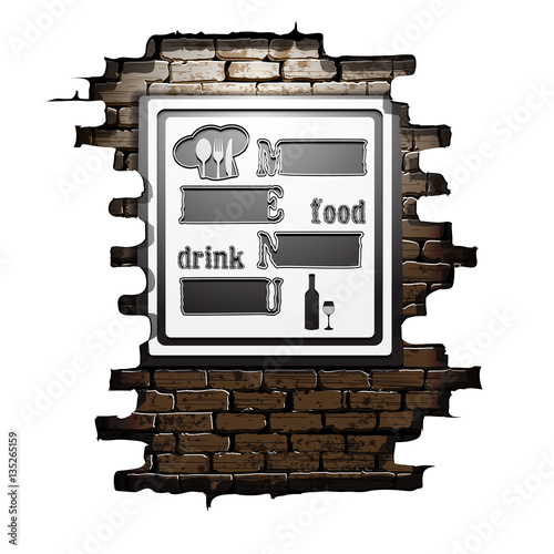 Template restaurant menu food and drink in the doorway of an old brick wall. The isolated image on a white background can be used with any text or background.