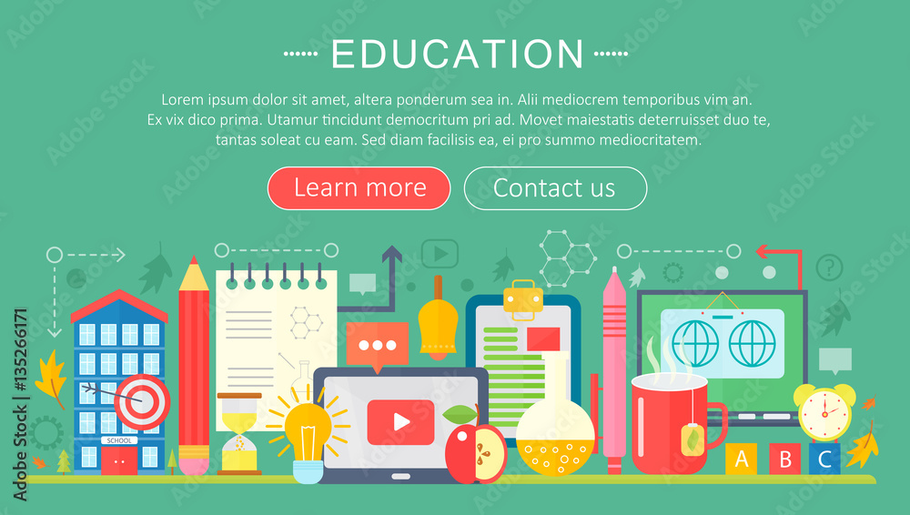 Fototapeta premium Set of flat design concept icons for web and mobile services and apps. Icons for education, online education, online learning infographics design, web elements, poster banners. Vector illustration.
