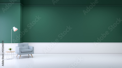 minimalist living room  interior  blue sofa and lamp on green wall   3d render