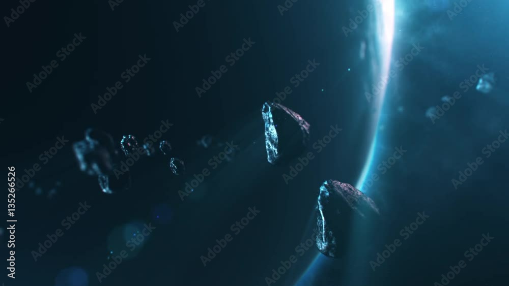 3D animation of asteroids flying through solar system with planet and blue light in the background
