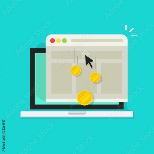 Pay per click vector illustration or cost per click, internet advertising concept, marketing symbol, web browser window on laptop computer with mouse cursor and golden coins earned