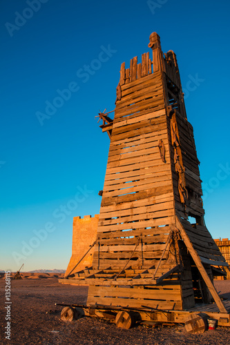 Foto Wooden belfry or siege tower was used to attack the castle walls