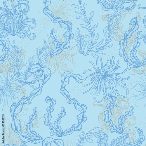 Collection of marine plants, leaves and seaweed. Vintage seamless pattern with hand drawn marine flora. Vector illustration in line art style.