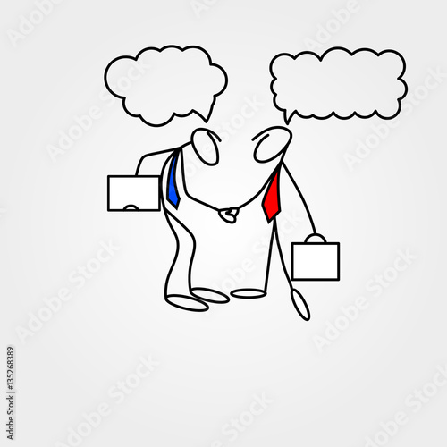 Cartoon icons of sketch stick bisiness figures in cute miniature scenes.