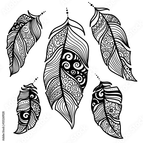 Ethnic feather.Tribal Feather Vintage Pattern.Hand Drawn Doodle and zentangle illustration.stylized linear style.graphic illustration for adult and children coloring book.isolated on white background