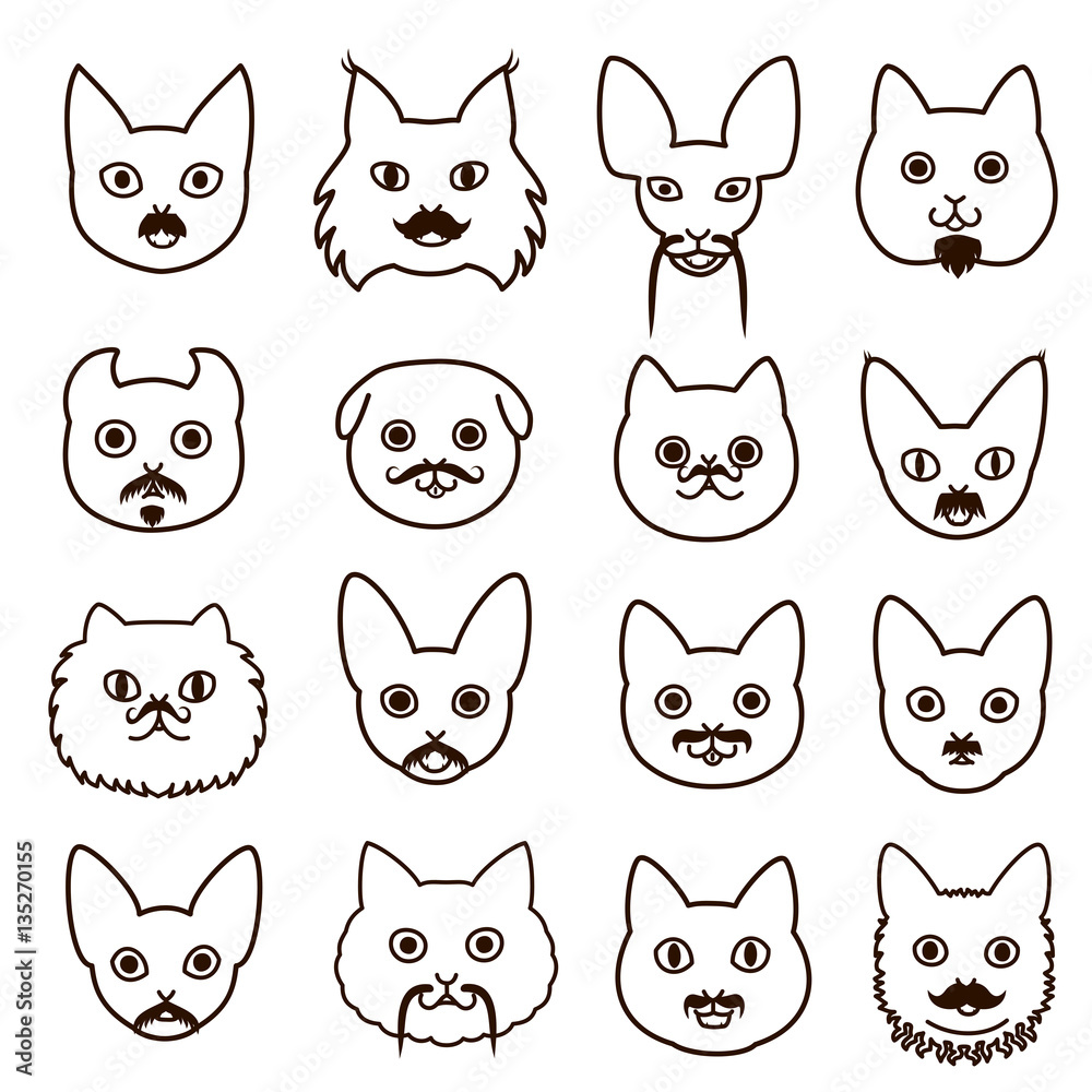 cats faces with mustache set cats faces with mustache set