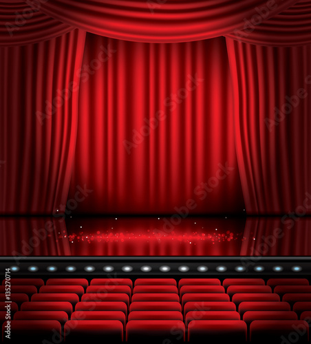 Open Red Curtains with Seats and Copy Space.