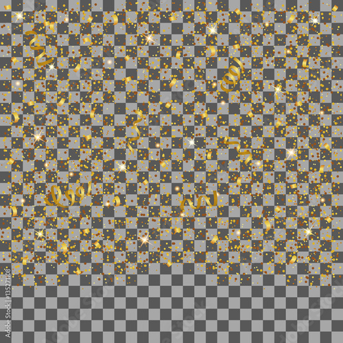 Merry Christmas and new year sparkling  gold confetti on transparent background. Vector  illustration.