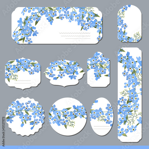 Floral spring templates with cute bunches of blue forget-me-nots. For romantic and easter design, announcements, greeting cards, posters, advertisement.