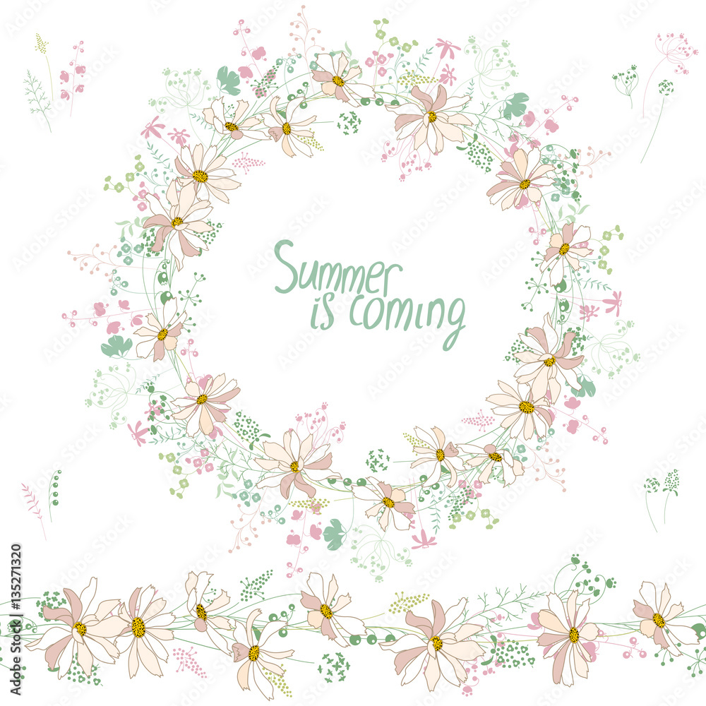 Round wreath made of flowers: white daisies, plants and herbs isolated on white background. Summer is coming phrase, endless horizontal border.