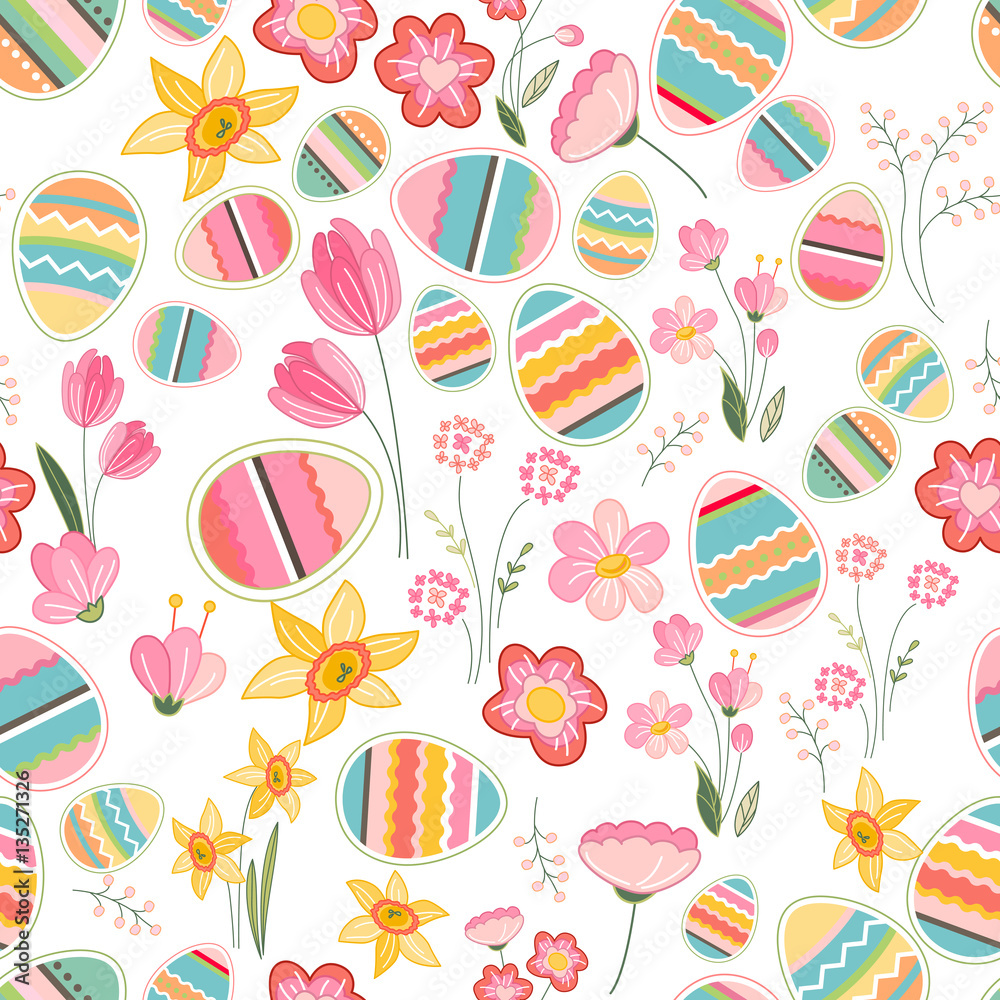 Floral seamless pattern with eggs, birds and stylized flowers. Endless texture for spring design, decoration,  greeting cards, posters,  invitations, advertisement.