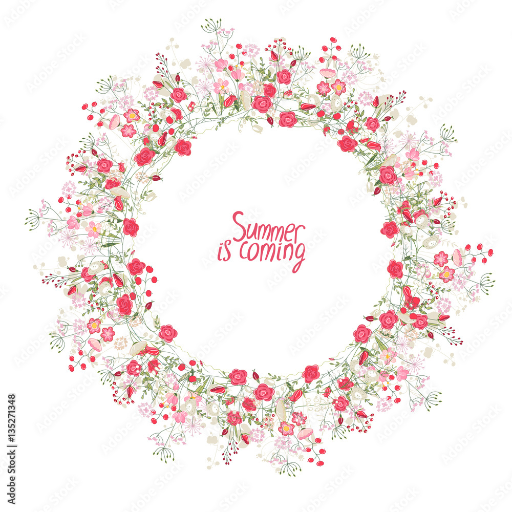 Round wreath made of flowers: roses, red berries, plants and herbs isolated on white background. Summer is coming phrase.