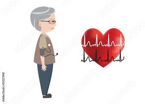 Old man monitored blood pressure and heart and Electrocardiogram, vector