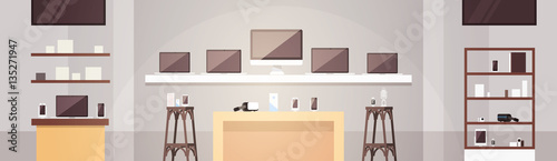 Modern Electronics Store Shop Interior Banner with Copy Space Vector Illustration