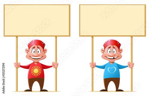 Funny men holding blank banners
