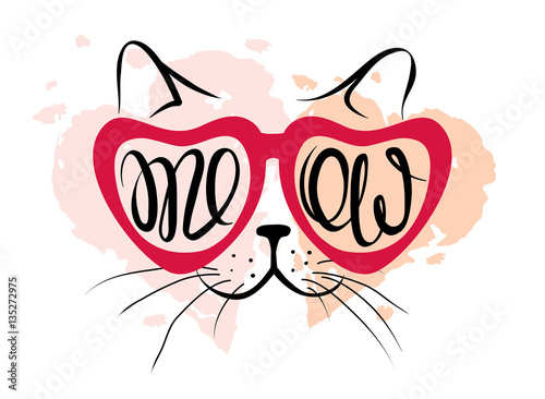 Valentine card -- cat lover / Vector illustration, print, background with funny cat in glasses