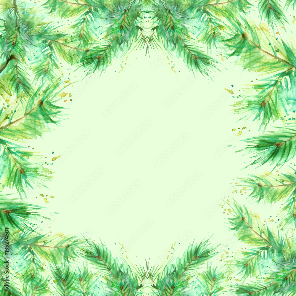 Watercolor Vintage background, greeting, card, invitation with a picture spruce branches, spruce, pine, fir, and pine needles.
