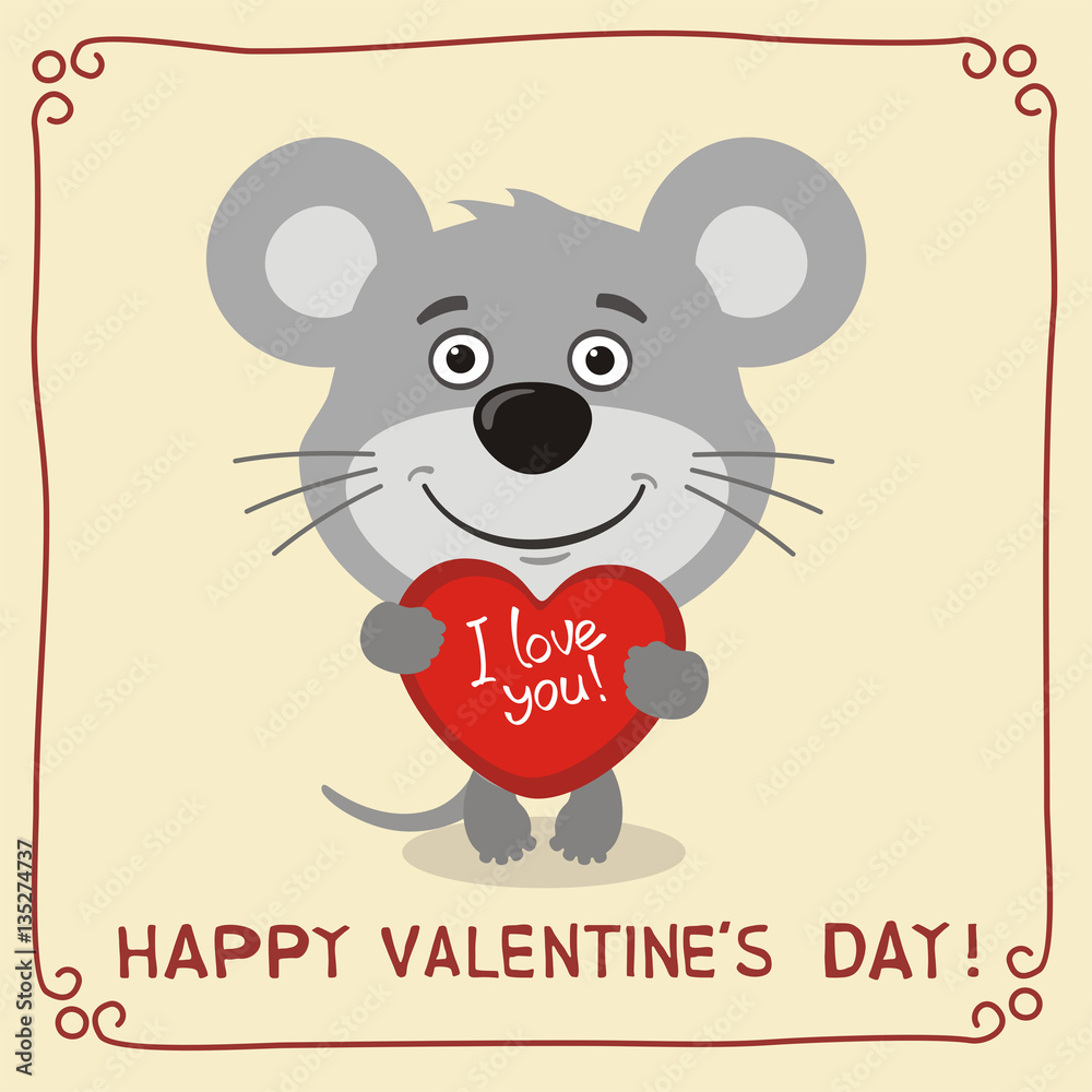 Happy Valentine's Day! I Love You! Funny mouse with heart in hands. Valentines  day card with mouse in cartoon style. Stock Vector | Adobe Stock