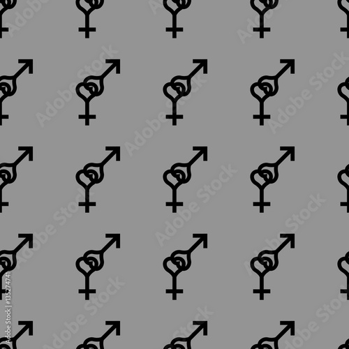 Seamless pattern. Female and male romantic collection. Female and male small black heart signs same sizes. Pattern on gray background. Gender icons. Vector illustration