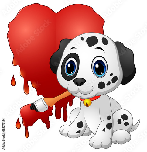 Cute dog with paintbrush of drawing a heart