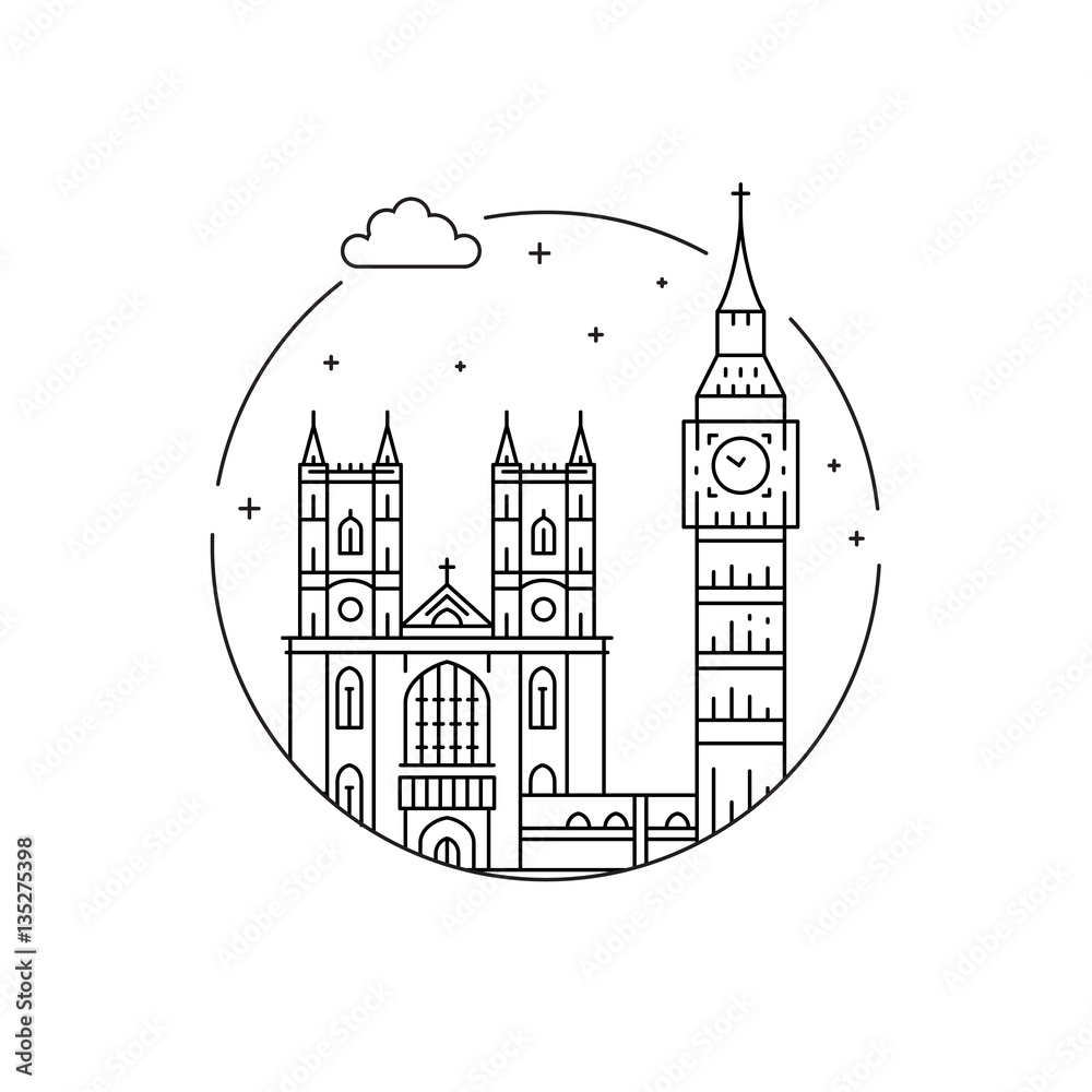 Round the emblem of the city of London drawn in a linear style, depicting a vector of the landmark of the capital of England.