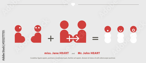 Wedding Invitations with short strips. Heart stylized to bride and groom, who are married, reproducted and have children. Witty minimalist comics on save date cards. Graphic layout of thank you card.