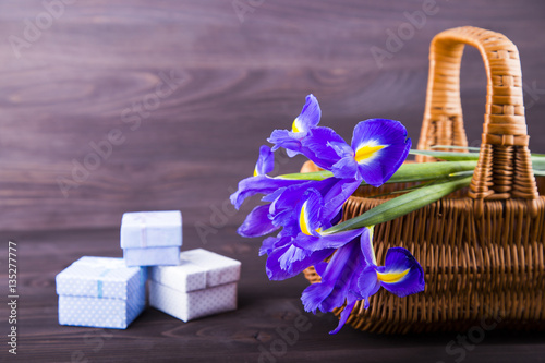 Fototapeta Naklejka Na Ścianę i Meble -  Bouquet of irises with gift boxes on dark wooden background