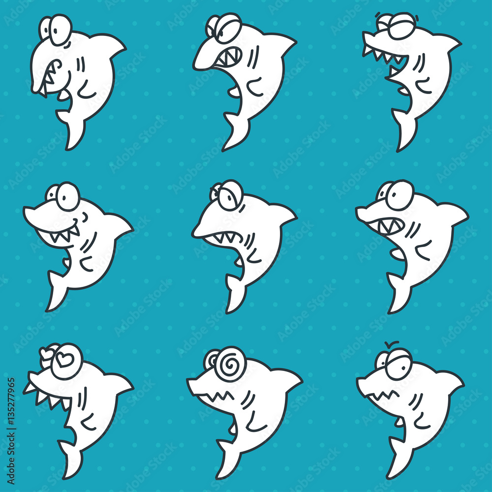 Naklejka premium Set of funny doodle sharks