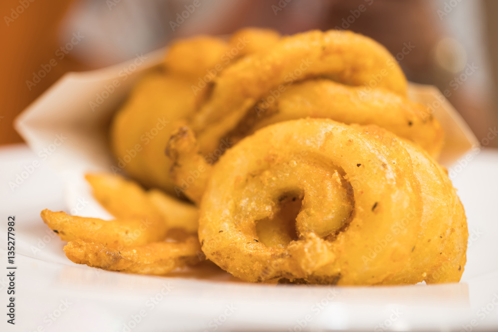 Spiral fried potato with selective focus point