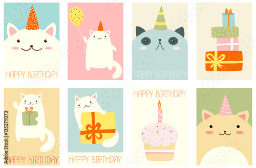 Set of birthday banners with cute cats