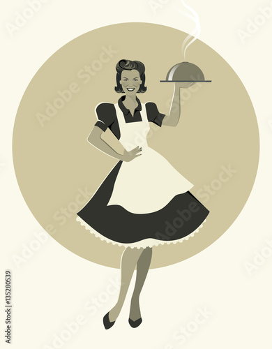 Housewife carrying a tray with dinner. Retro style