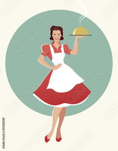 Housewife carrying a tray with dinner. Retro style
