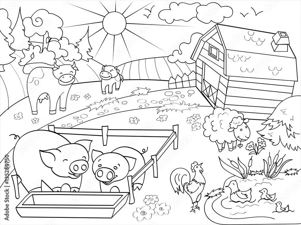 Ферма раскраска для детей распечатать Farm animals and rural landscape coloring vector for adults Векторный объект Sto