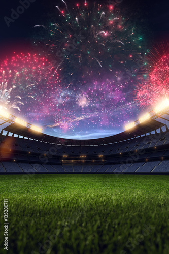Stadium night light without people fireworks 3d render