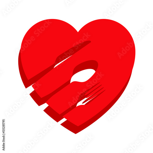 Icono plano cubiertos con corazon con sombra en fondo blanco