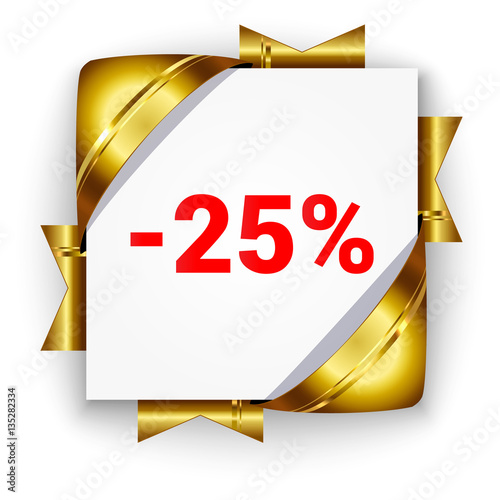 Golden 3d discount banner. White square background tied with rib