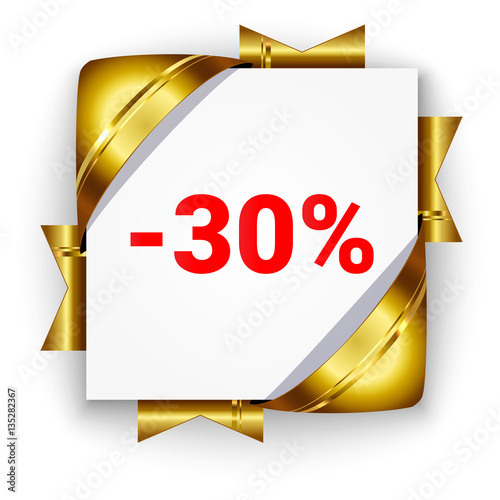 Golden 3d discount banner. White square background tied with rib