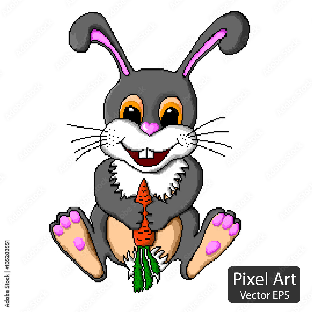 Gray rabbit with the carrot. This is a vector character in the style of Pixel Art.