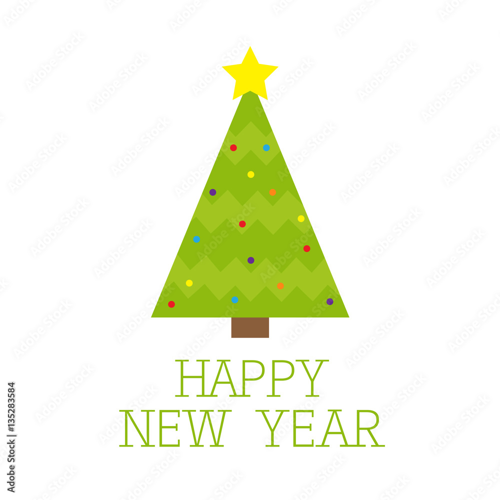 Fir Christmas tree with star top tip, light ball toy set. Happy New Year card. Flat design. White background. Fir Christmas tree with star top tip, light ball toy set. Happy New Year card. Flat design. White background.