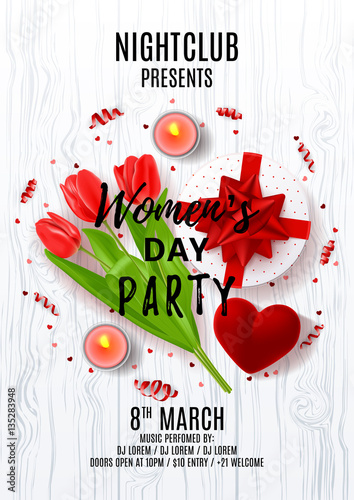 Party poster for Women's Day. Top view on composition with red tulips, gift box, case for ring, candles and confetti. Vector illustration with serpentine on wooden texture. Invitation to nightclub.