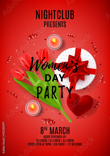 Red party poster for Women's Day. Top view on composition with tulips, gift box, case for ring, candles and confetti. Vector illustration with serpentine on wooden texture. Invitation to nightclub.