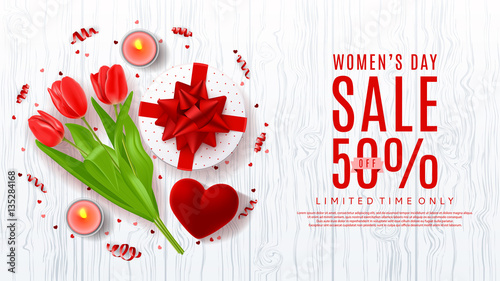 Web banner for Women's Day sale. Top view on composition with red flowers, gift box, red case for ring and candles. Vector illustration with serpentine and confetti on wooden texture.